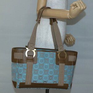 Salvatore Ferragamo Gancini Tote Bag Canvas Leather Light Blue Gold Auth gh706
